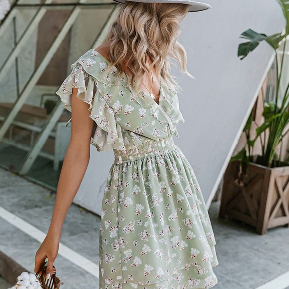 sage v neck floral ruffle open back boho dress - Picture 6 of 9